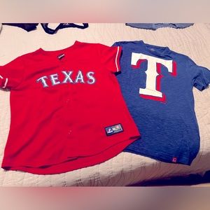 2 Texas Rangers shirts, S tee, YXL jersey